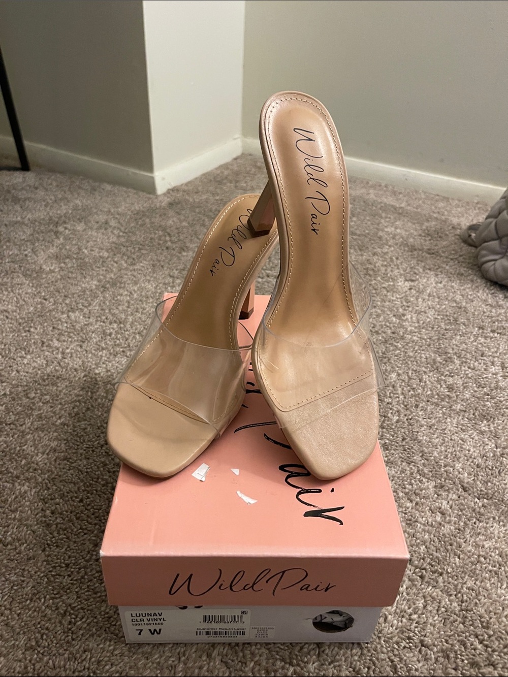 Wild Pair Nude Clear Strap Slide Heels